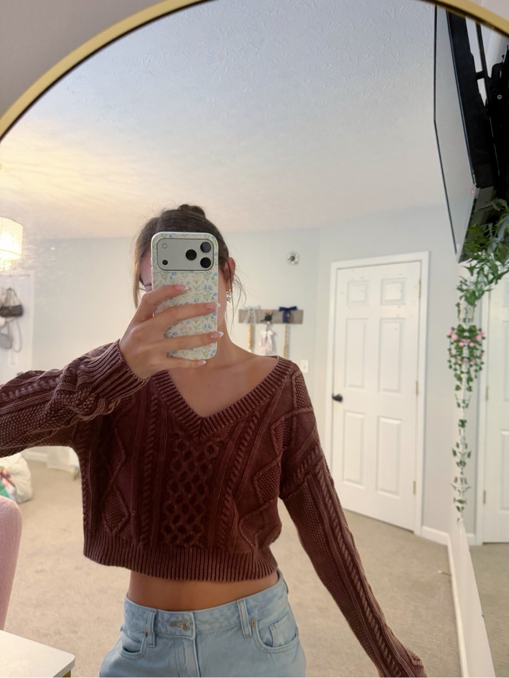 Aeropostale Brown V-Neck Cable Knit Cropped Sweater